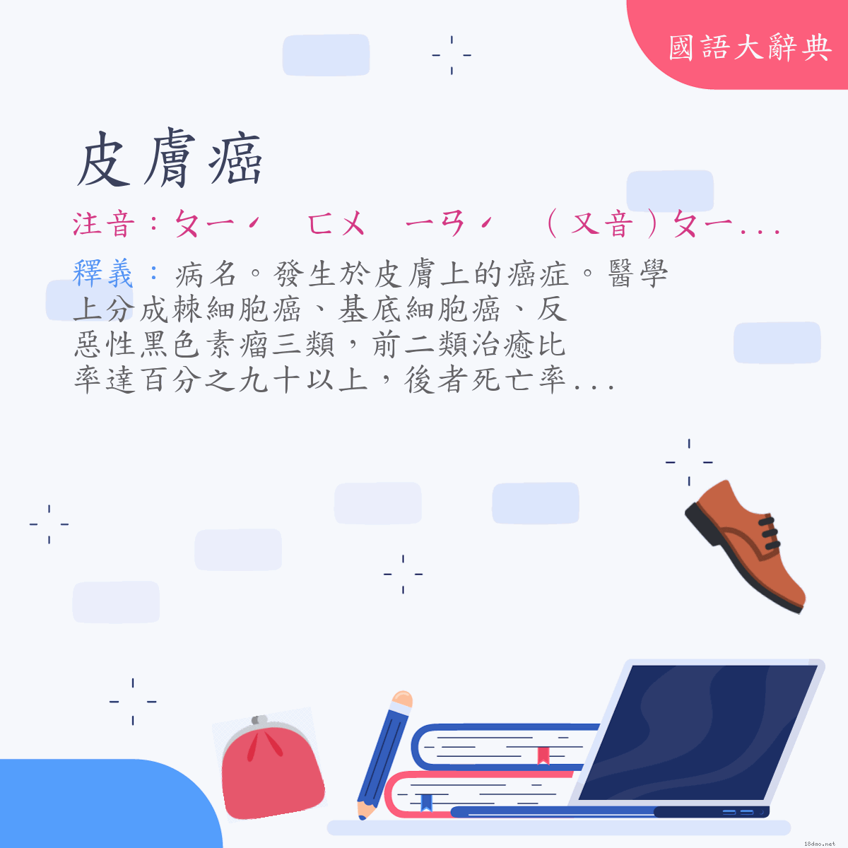 詞語:皮膚癌 (注音:ㄆㄧˊ　ㄈㄨ　ㄧㄢˊ　（又音）ㄆㄧˊ　ㄈㄨ　ㄞˊ)