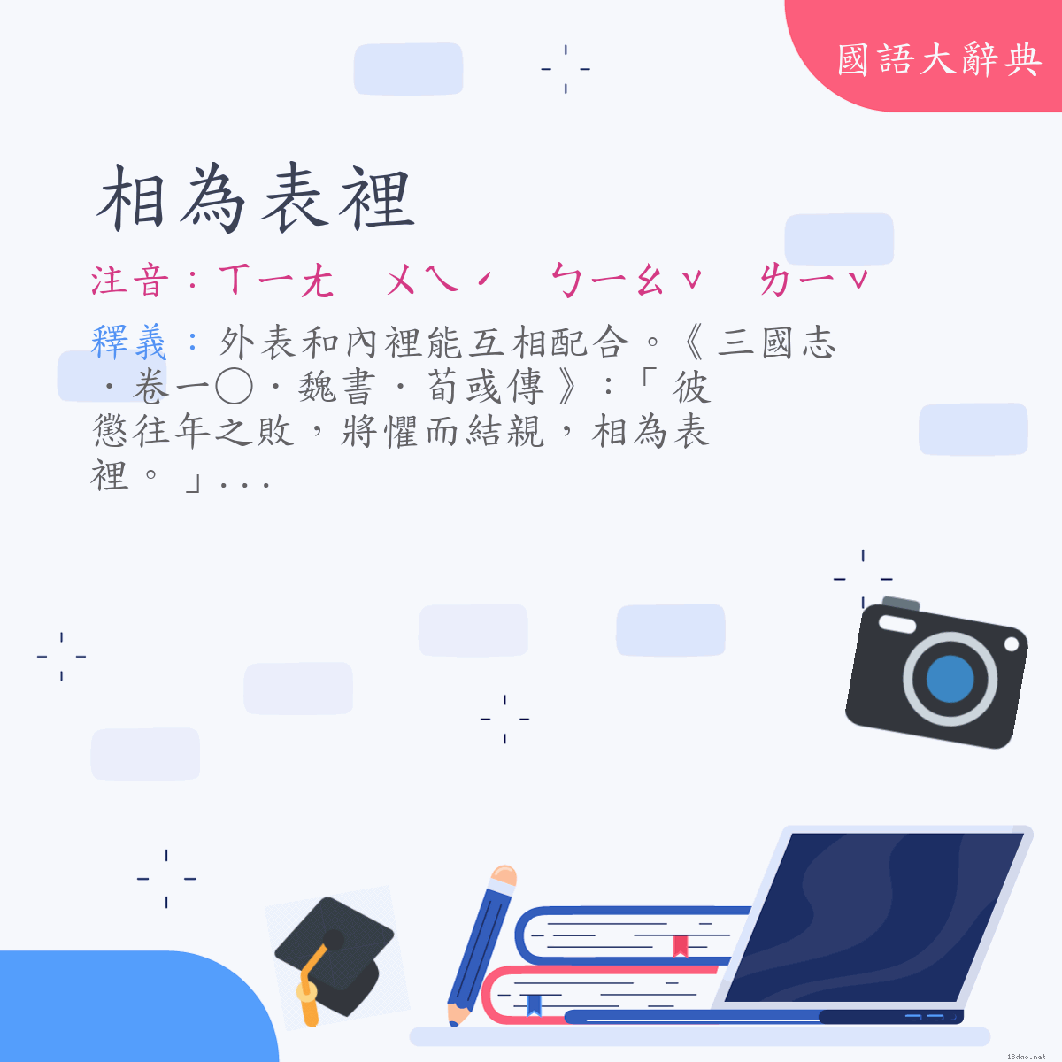 詞語:相為表裡 (注音:ㄒㄧㄤ　ㄨㄟˊ　ㄅㄧㄠˇ　ㄌㄧˇ)