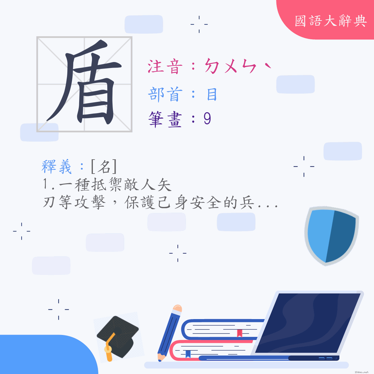 漢字:盾 (注音:(一)ㄉㄨㄣˋ,部首:目)