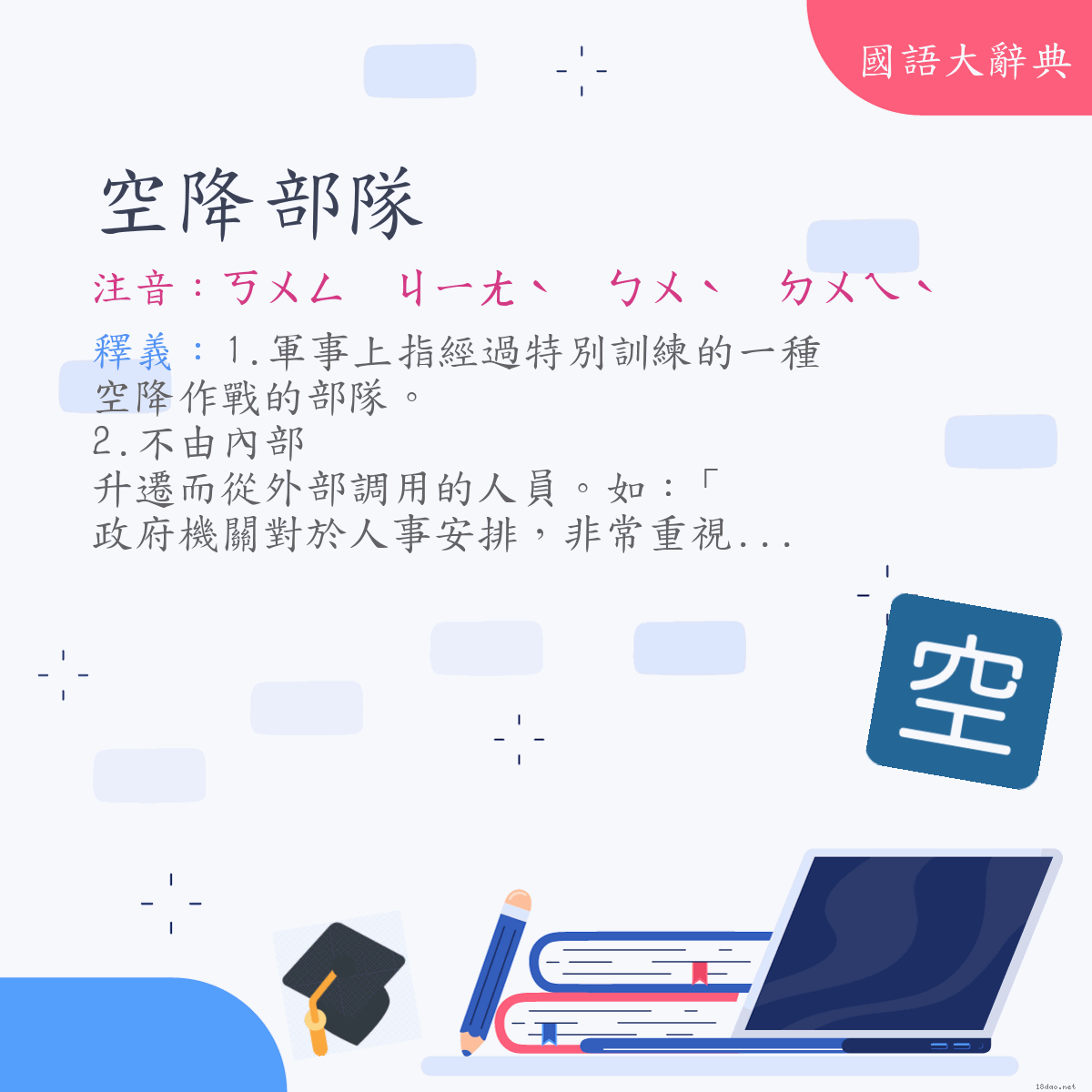 詞語:空降部隊 (注音:ㄎㄨㄥ　ㄐㄧㄤˋ　ㄅㄨˋ　ㄉㄨㄟˋ)
