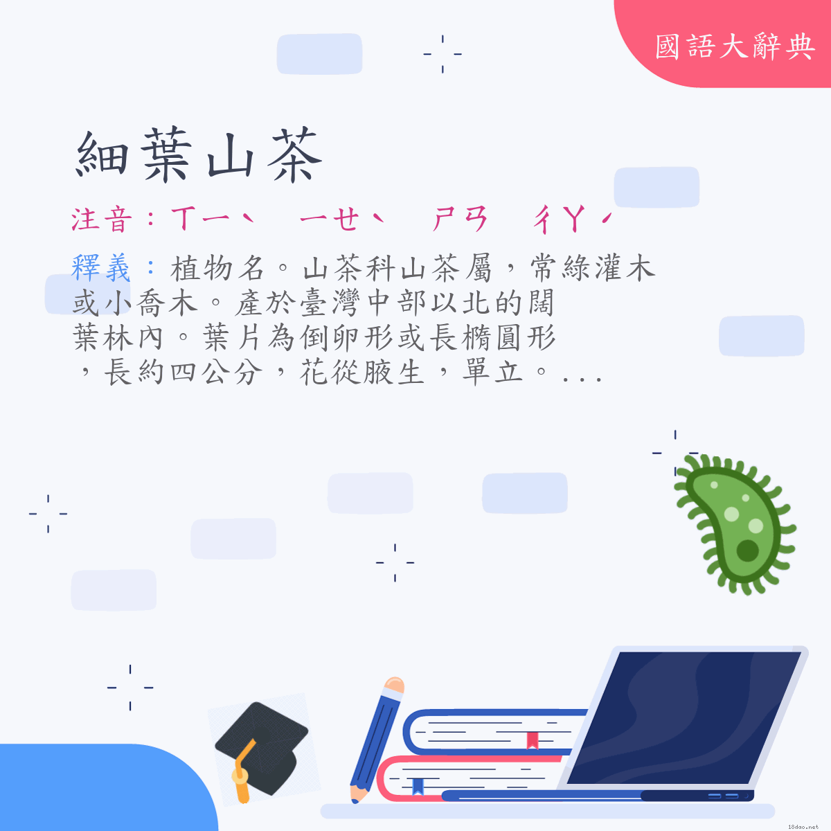 詞語:細葉山茶 (注音:ㄒㄧˋ　ㄧㄝˋ　ㄕㄢ　ㄔㄚˊ)