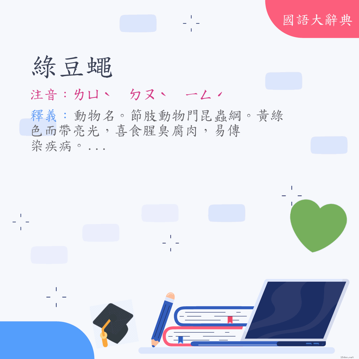 詞語:綠豆蠅 (注音:ㄌㄩˋ　ㄉㄡˋ　ㄧㄥˊ)