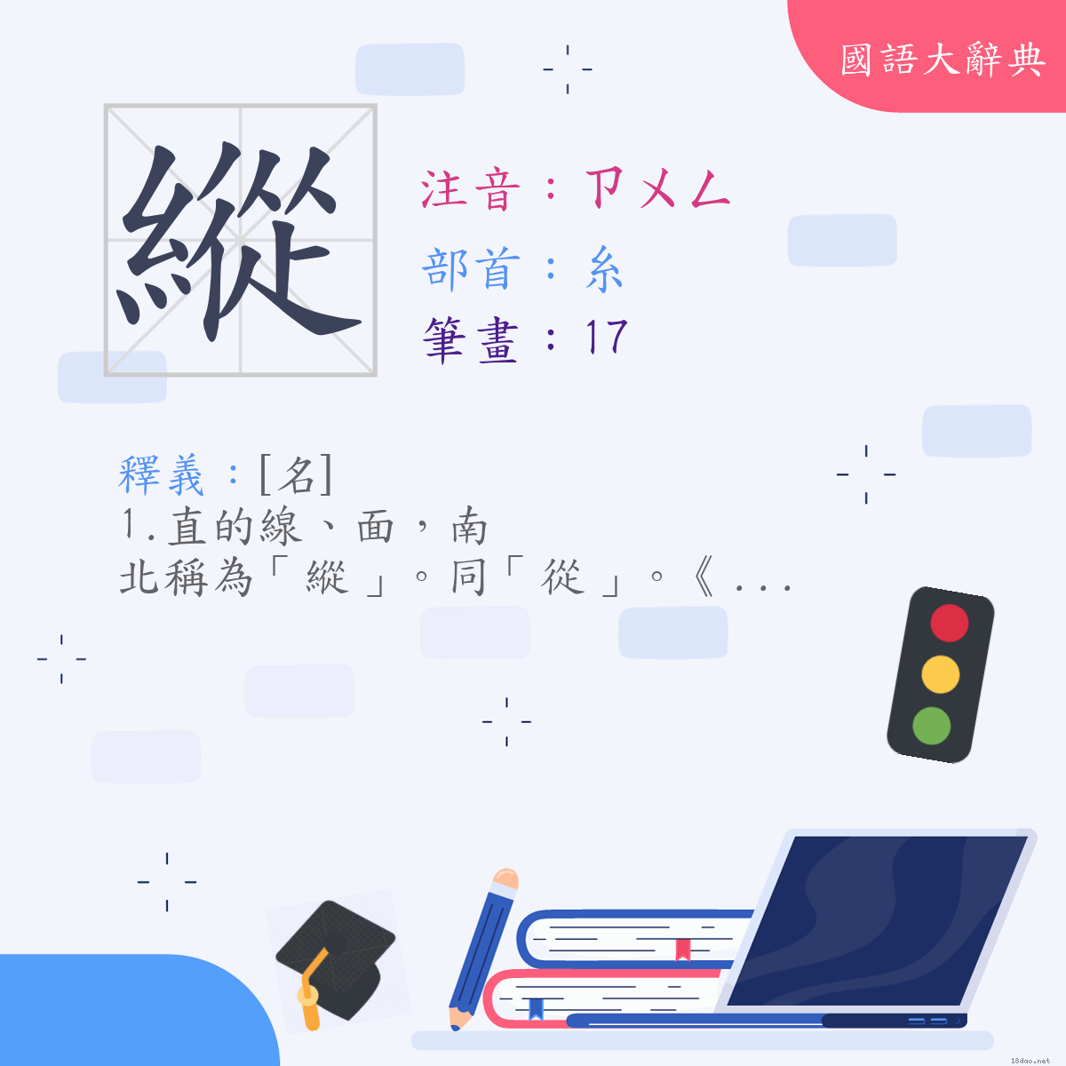 漢字:縱 (注音:(二)ㄗㄨㄥ,部首:糸)