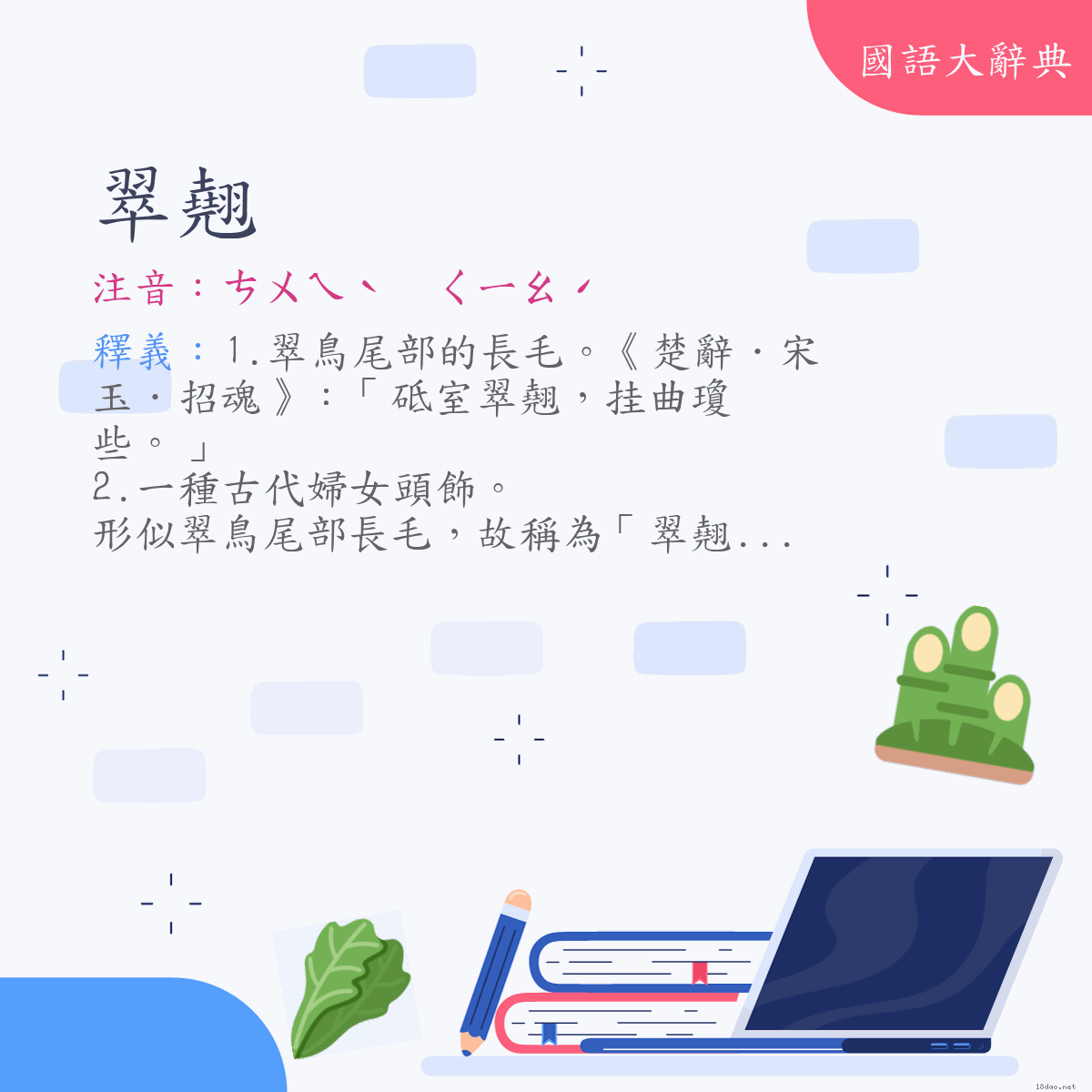 詞語:翠翹 (注音:ㄘㄨㄟˋ　ㄑㄧㄠˊ)