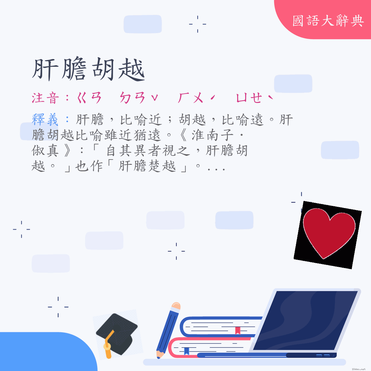 詞語:肝膽胡越 (注音:ㄍㄢ　ㄉㄢˇ　ㄏㄨˊ　ㄩㄝˋ)