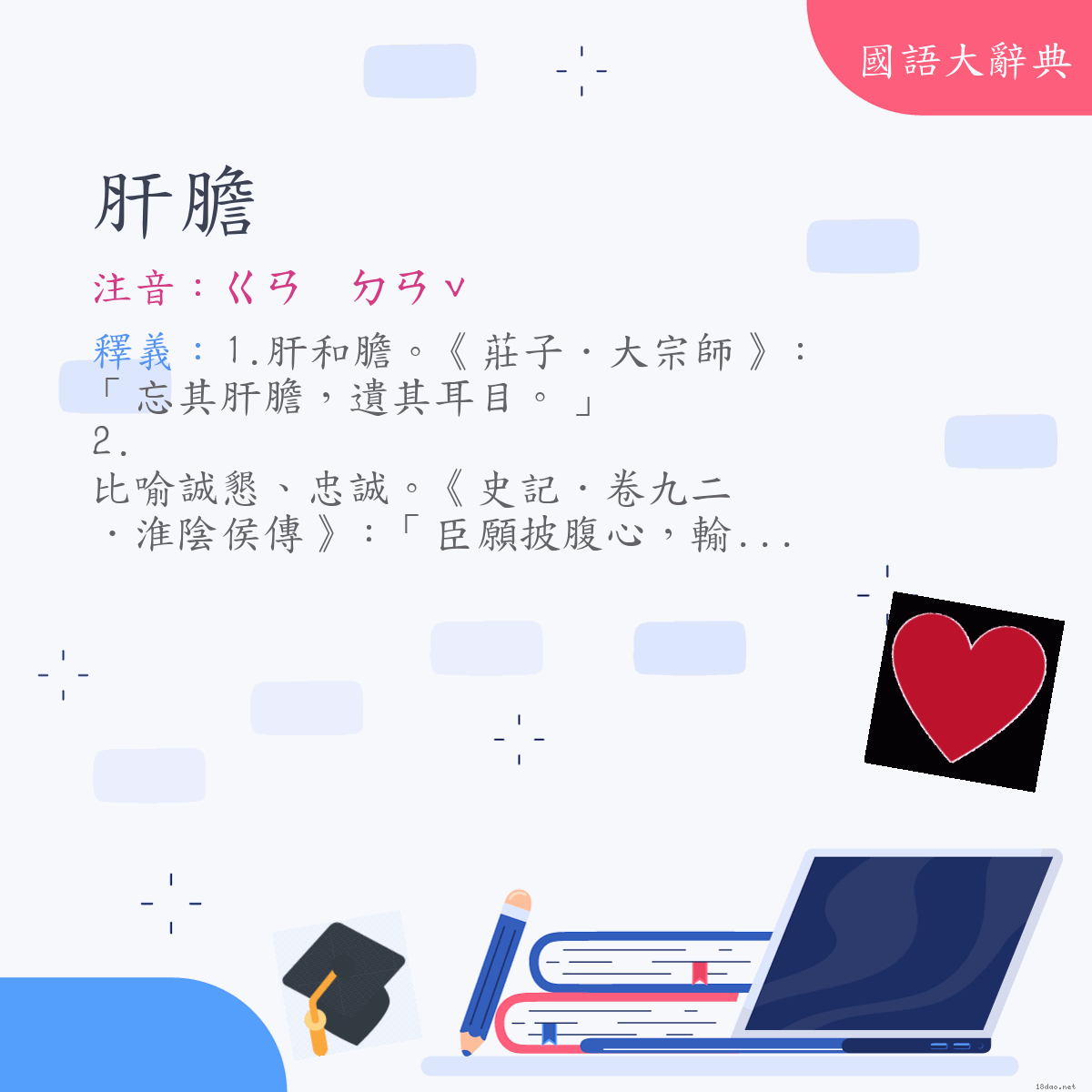 詞語:肝膽 (注音:ㄍㄢ　ㄉㄢˇ)