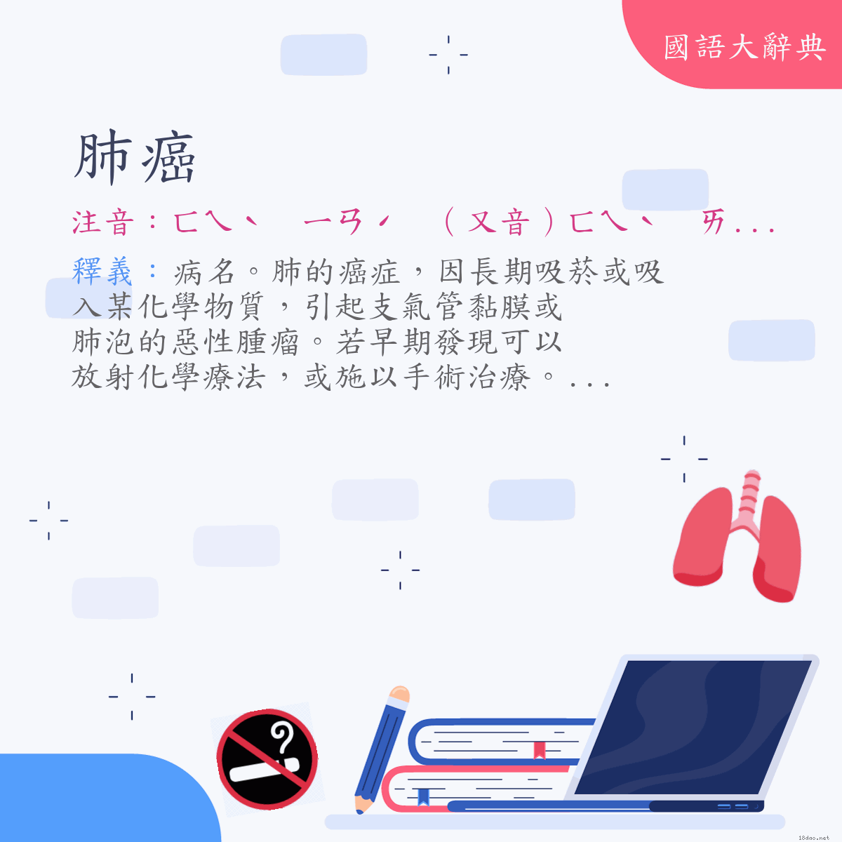 詞語:肺癌 (注音:ㄈㄟˋ　ㄧㄢˊ　（又音）ㄈㄟˋ　ㄞˊ)