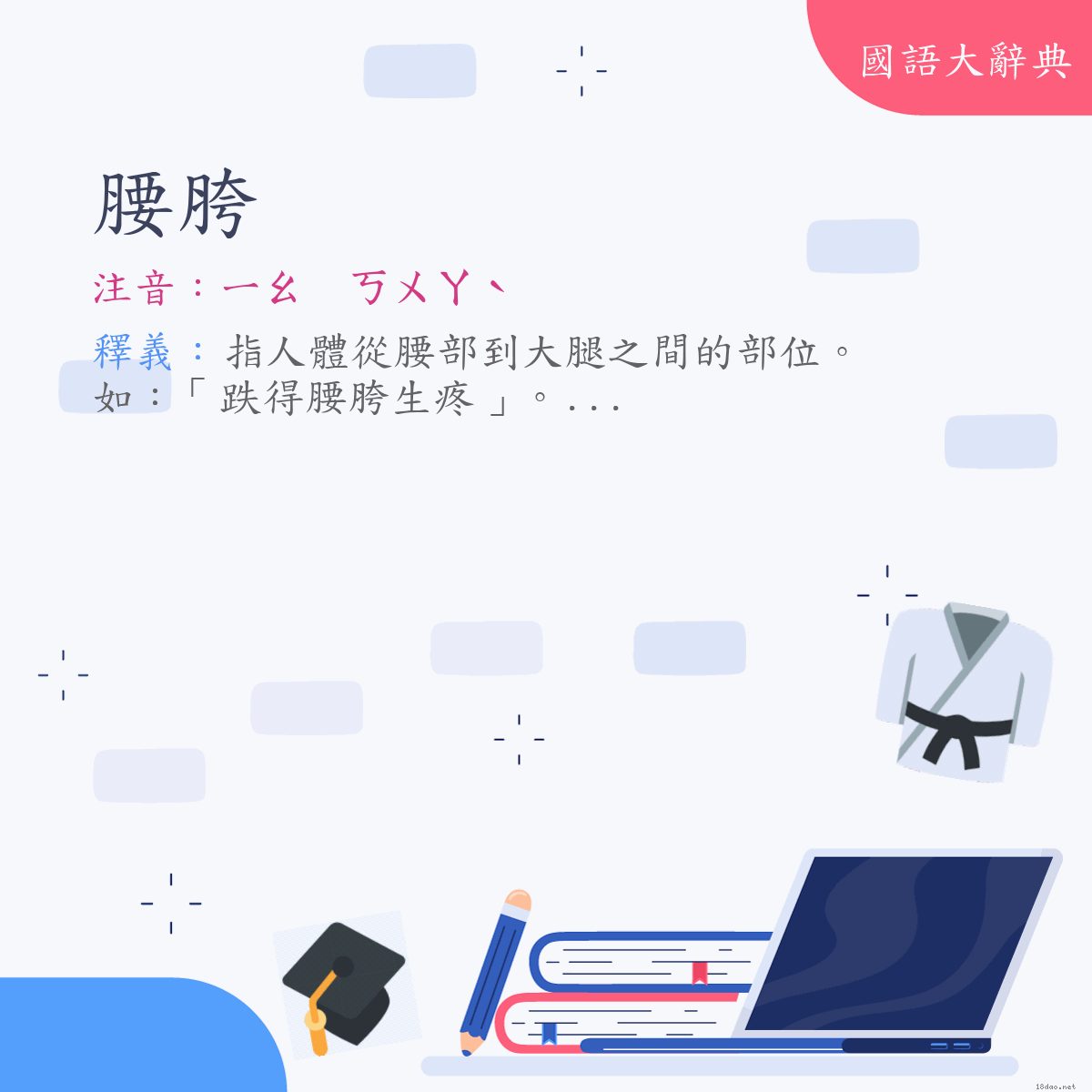 詞語:腰胯 (注音:ㄧㄠ　ㄎㄨㄚˋ)