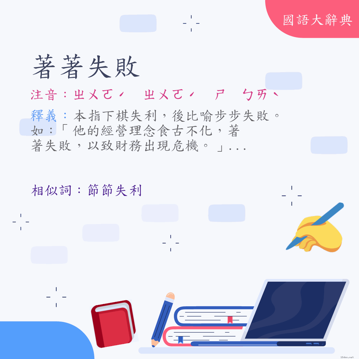 詞語:著著失敗 (注音:ㄓㄨㄛˊ　ㄓㄨㄛˊ　ㄕ　ㄅㄞˋ)