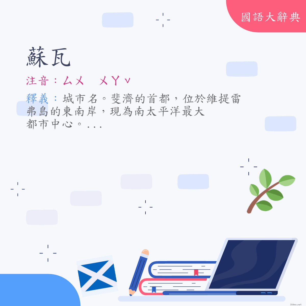 詞語:蘇瓦（Suva） (注音:ㄙㄨ　ㄨㄚˇ)