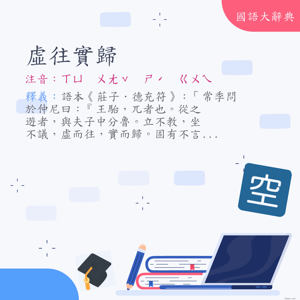 詞語:虛往實歸 (注音:ㄒㄩ　ㄨㄤˇ　ㄕˊ　ㄍㄨㄟ)