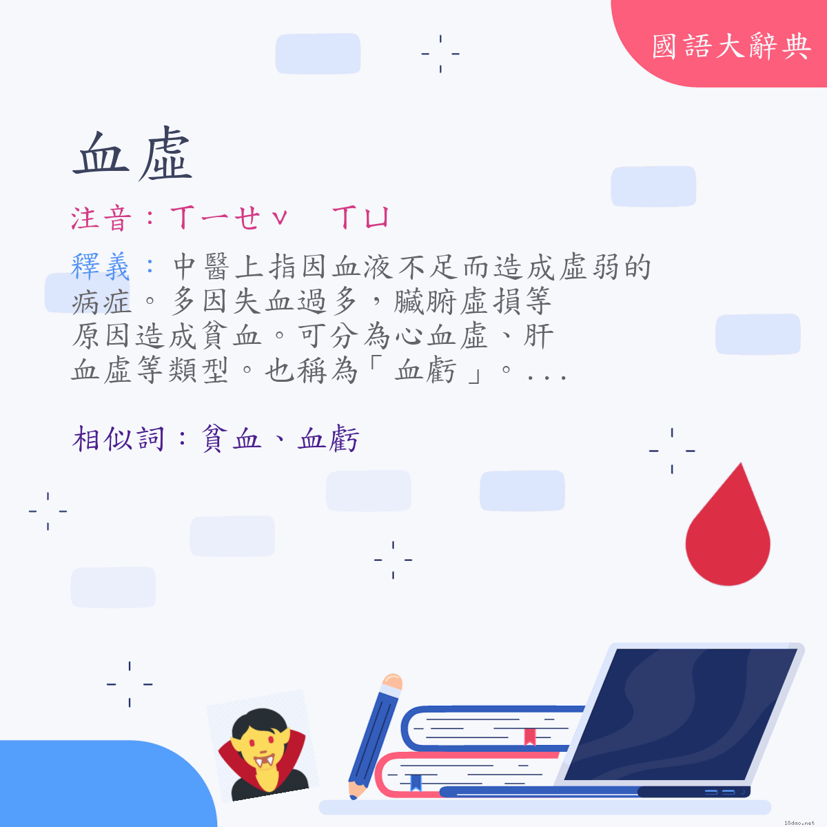 詞語:血虛 (注音:ㄒㄧㄝˇ　ㄒㄩ)