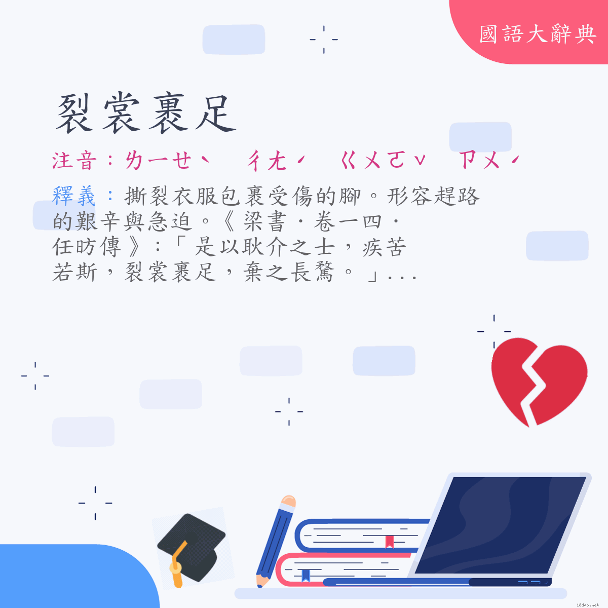 詞語:裂裳裹足 (注音:ㄌㄧㄝˋ　ㄔㄤˊ　ㄍㄨㄛˇ　ㄗㄨˊ)