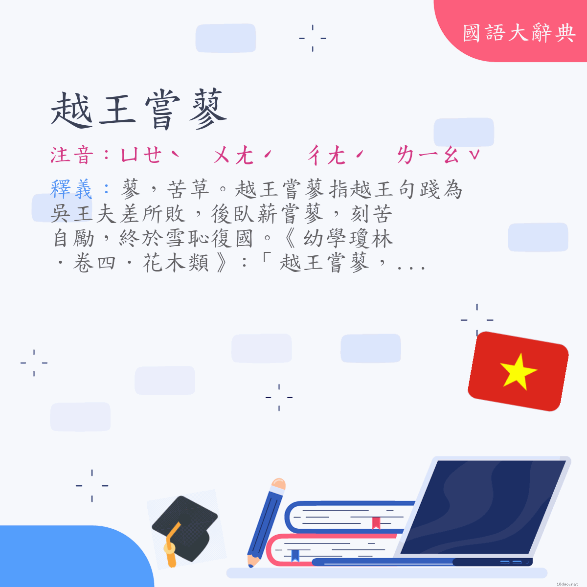 詞語:越王嘗蓼 (注音:ㄩㄝˋ　ㄨㄤˊ　ㄔㄤˊ　ㄌㄧㄠˇ)