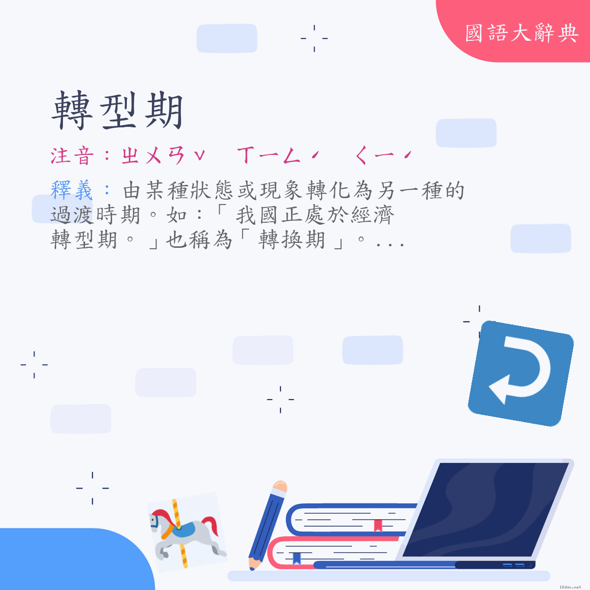 詞語:轉型期 (注音:ㄓㄨㄢˇ　ㄒㄧㄥˊ　ㄑㄧˊ)