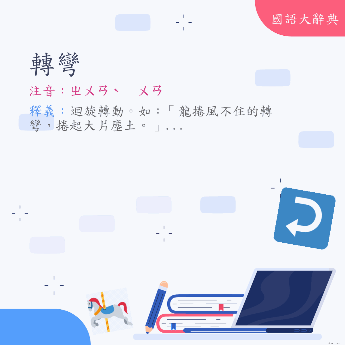 詞語:轉彎 (注音:(二)ㄓㄨㄢˋ　ㄨㄢ)