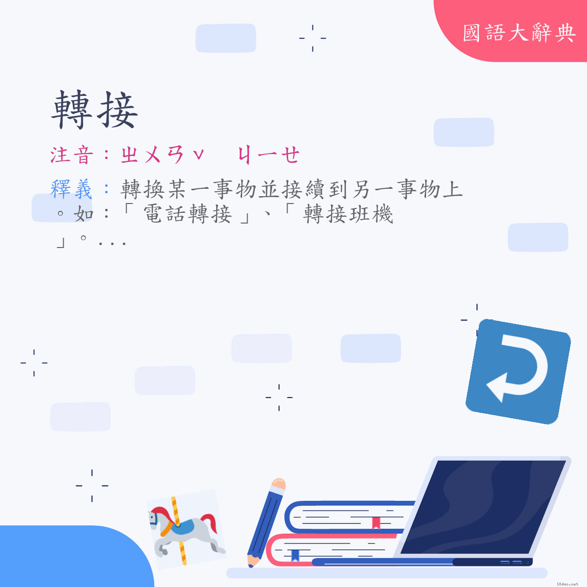 詞語:轉接 (注音:ㄓㄨㄢˇ　ㄐㄧㄝ)