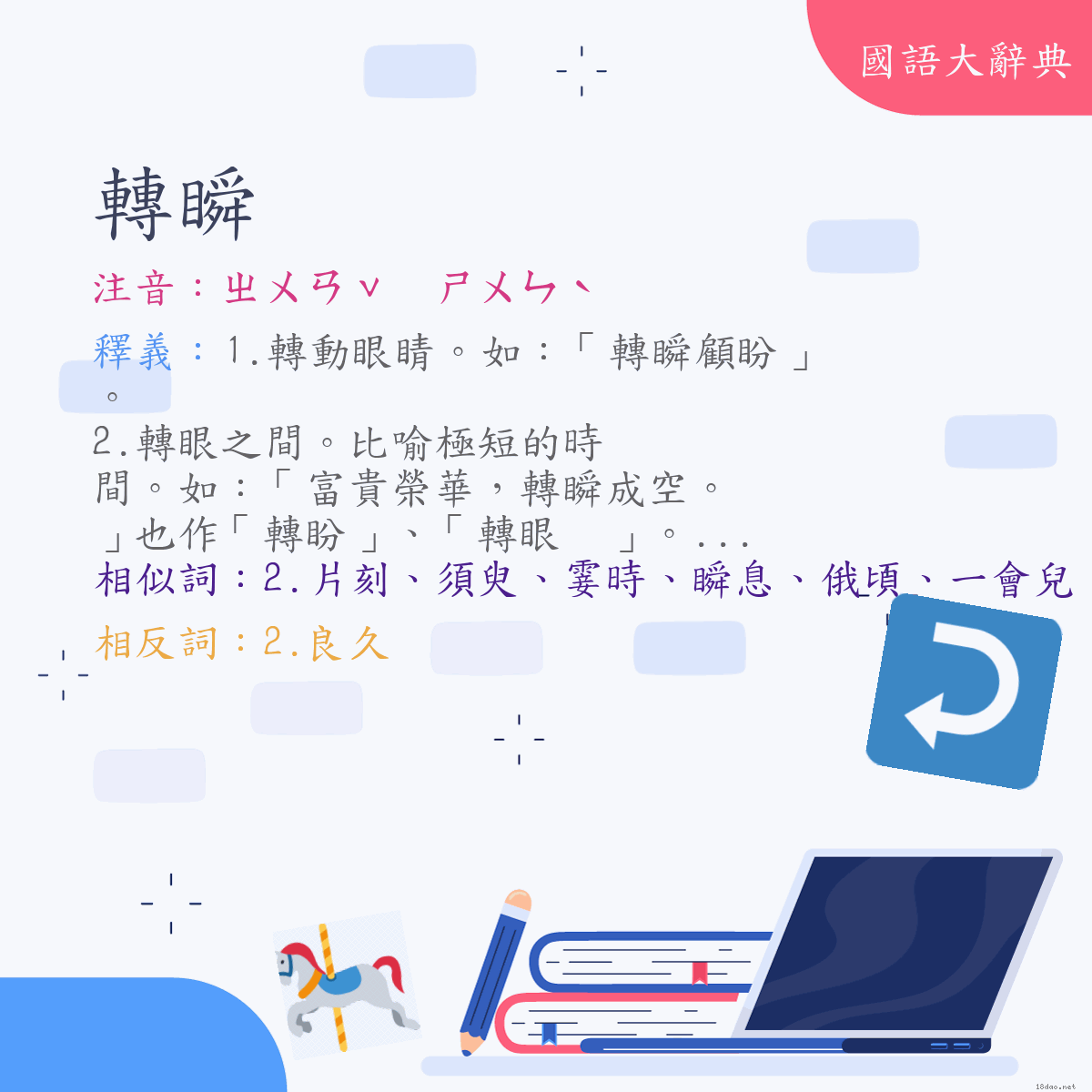 詞語:轉瞬 (注音:ㄓㄨㄢˇ　ㄕㄨㄣˋ)