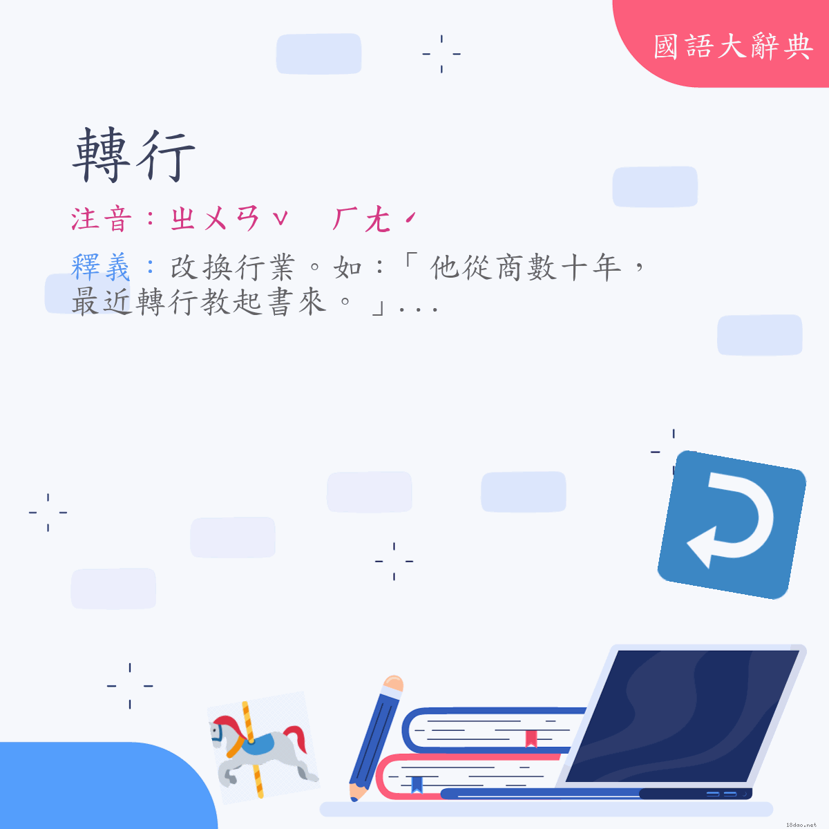 詞語:轉行 (注音:ㄓㄨㄢˇ　ㄏㄤˊ)