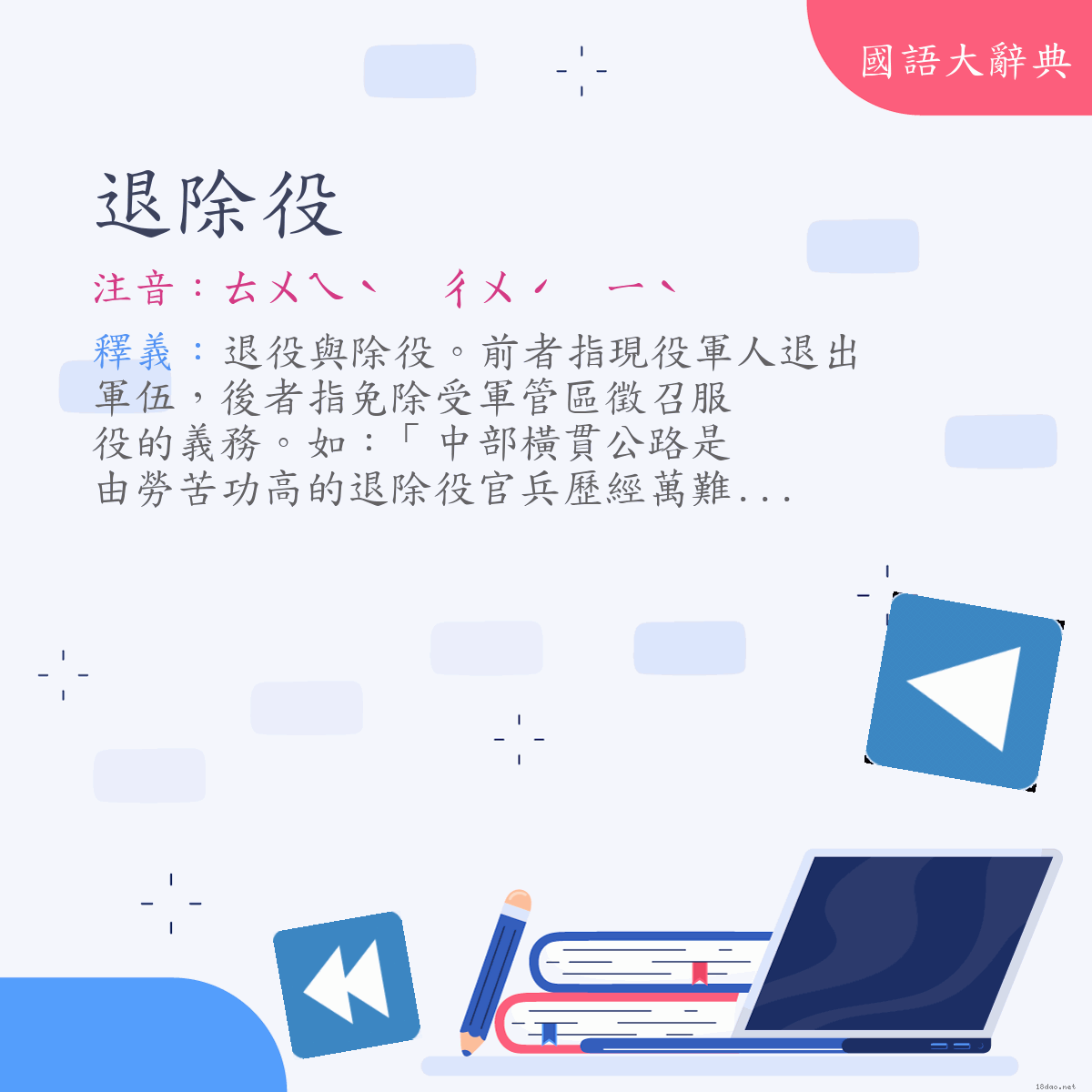 詞語:退除役 (注音:ㄊㄨㄟˋ　ㄔㄨˊ　ㄧˋ)