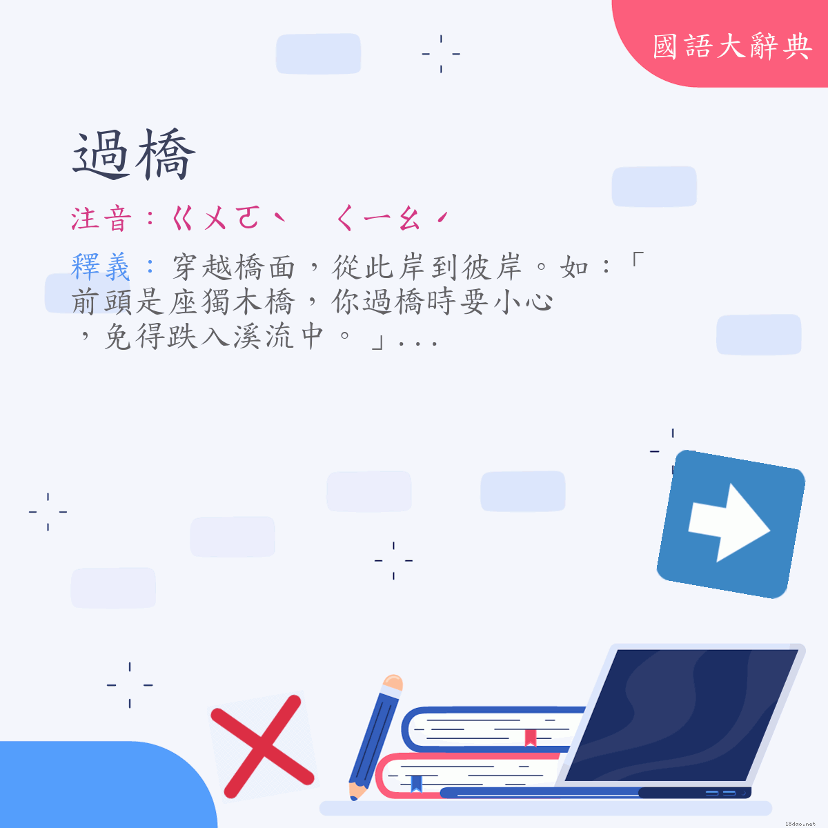 詞語:過橋 (注音:ㄍㄨㄛˋ　ㄑㄧㄠˊ)