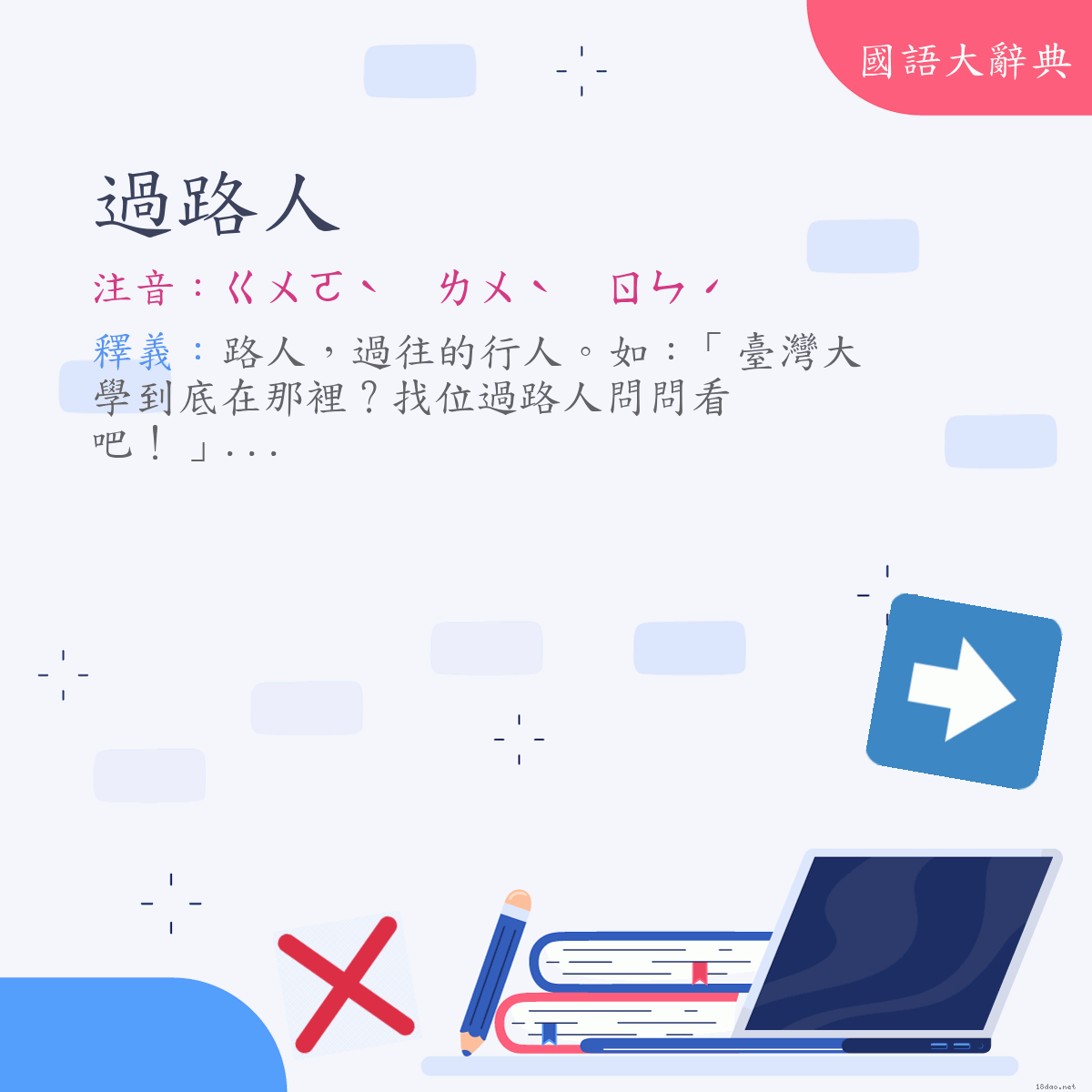 詞語:過路人 (注音:ㄍㄨㄛˋ　ㄌㄨˋ　ㄖㄣˊ)