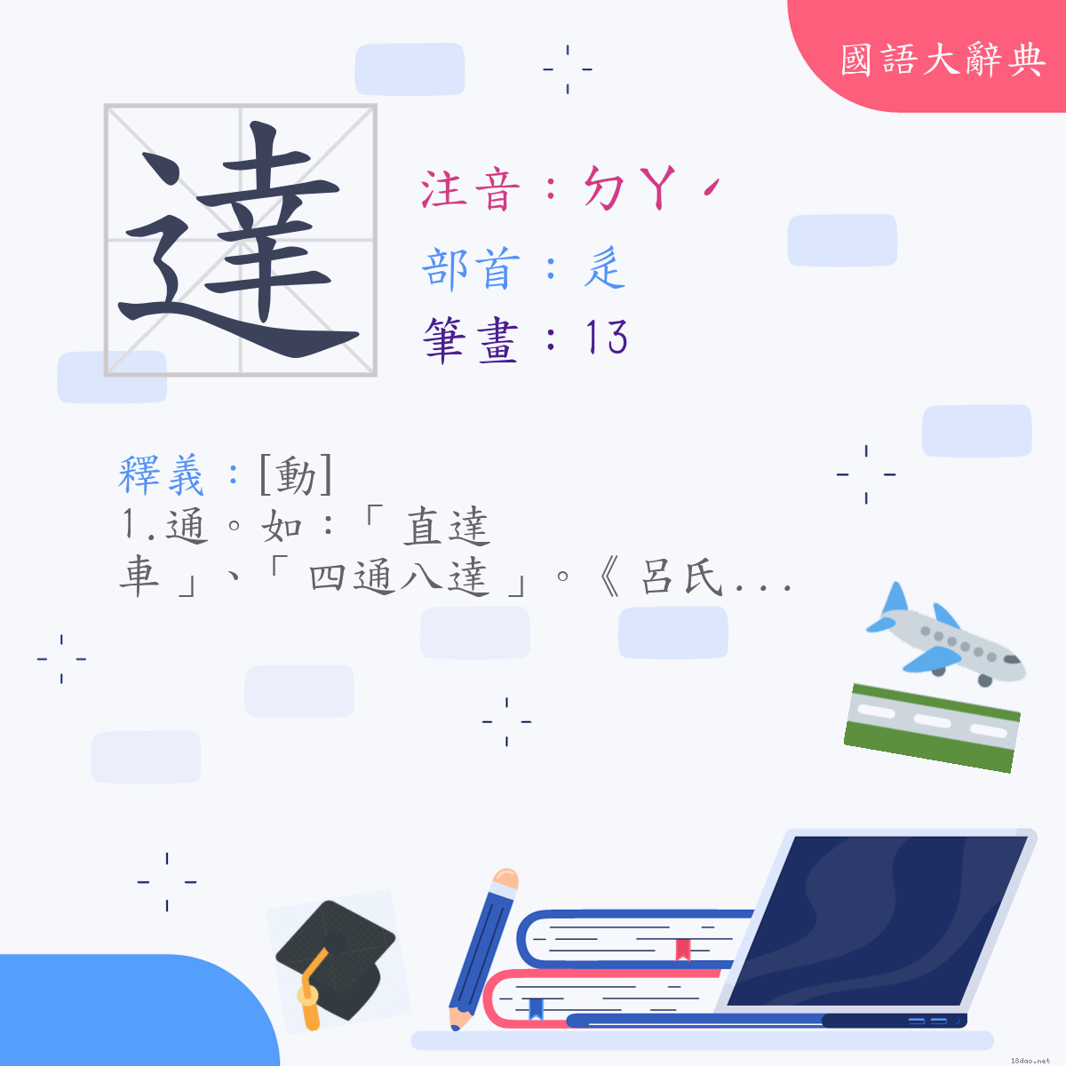 漢字:達 (注音:(一)ㄉㄚˊ,部首:辵)