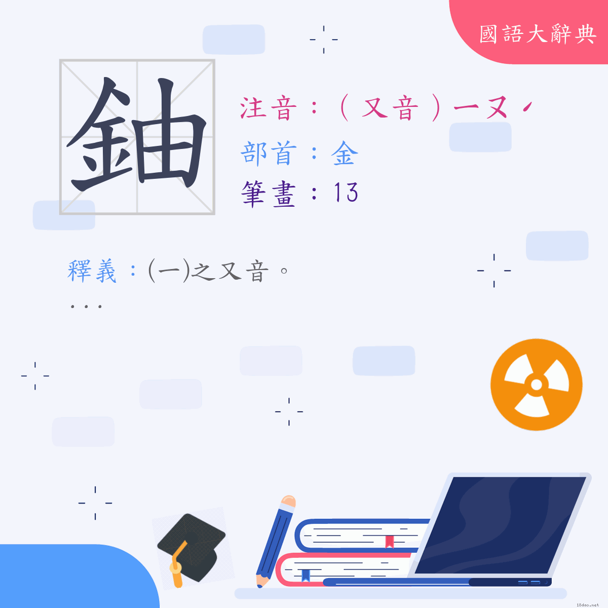 漢字:鈾 (注音:(二)（又音）ㄧㄡˊ,部首:金)