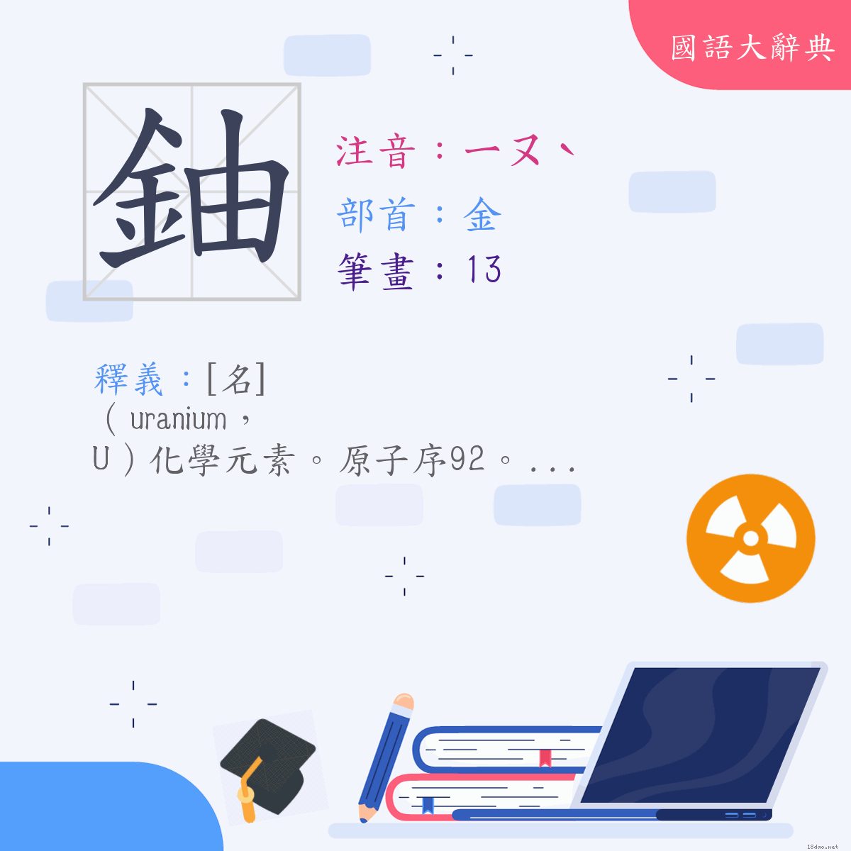 漢字:鈾 (注音:(一)ㄧㄡˋ,部首:金)