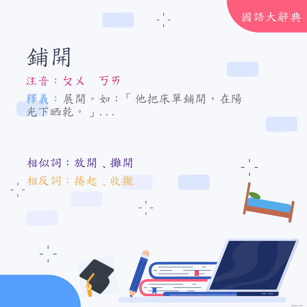 詞語:鋪開 (注音:ㄆㄨ　ㄎㄞ)