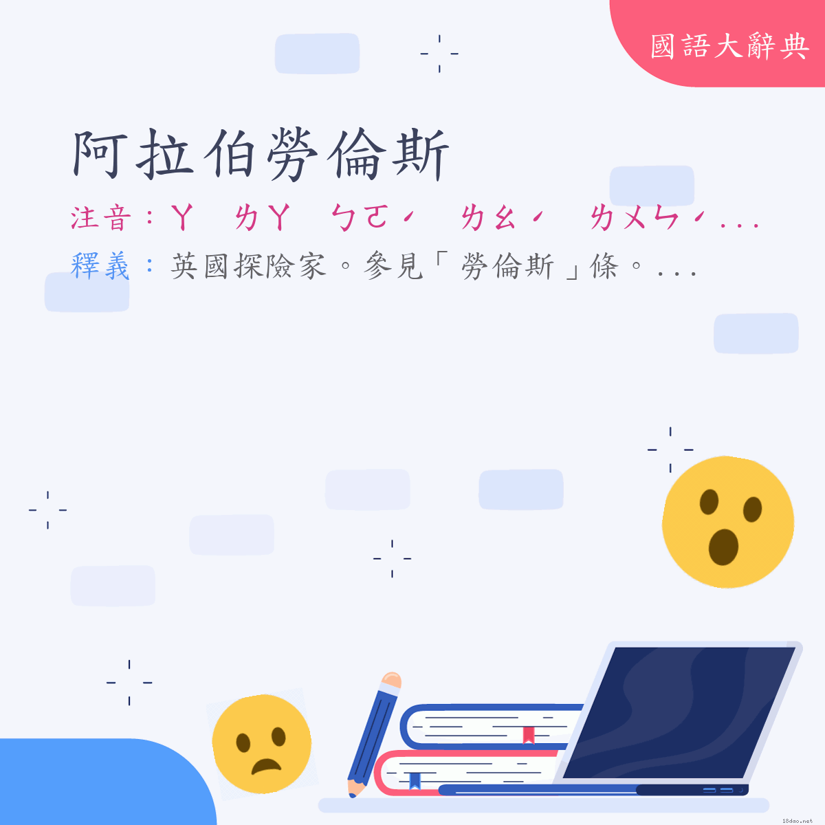 詞語:阿拉伯勞倫斯（Lawrence, Tomas Edward） (注音:ㄚ　ㄌㄚ　ㄅㄛˊ　ㄌㄠˊ　ㄌㄨㄣˊ　ㄙ)