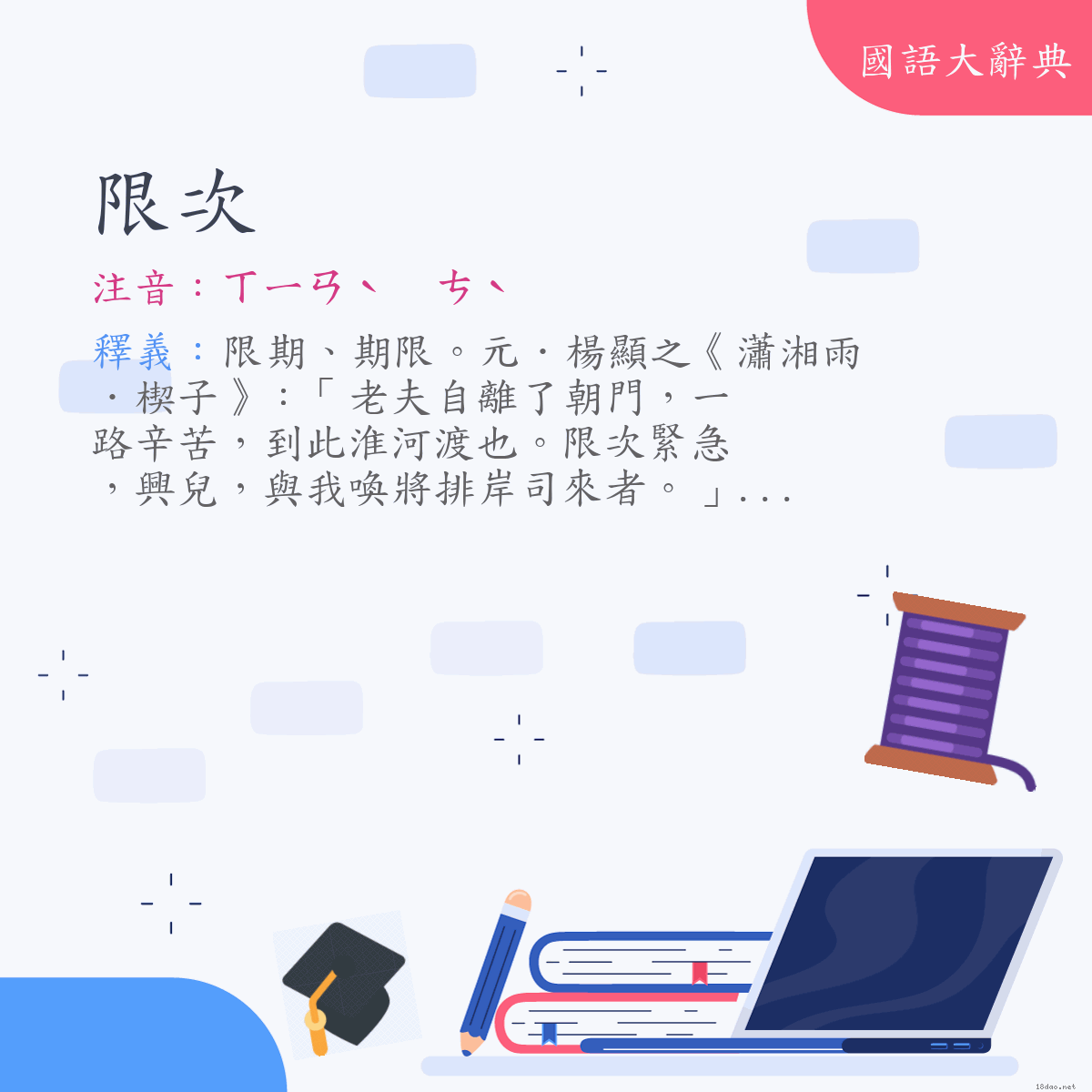 詞語:限次 (注音:ㄒㄧㄢˋ　ㄘˋ)