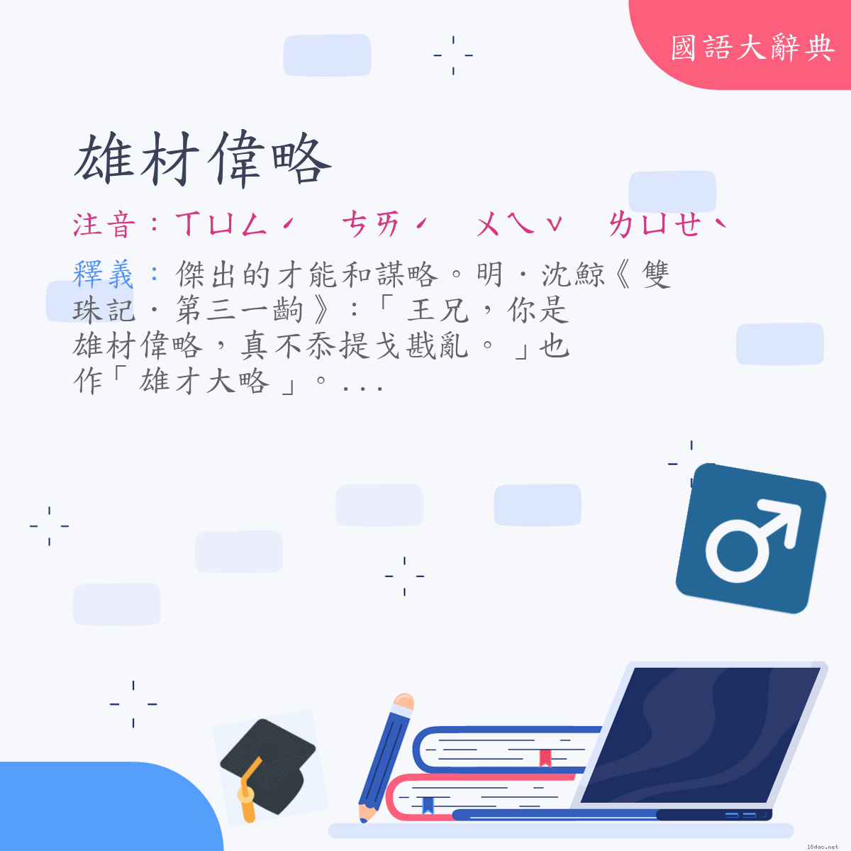 詞語:雄材偉略 (注音:ㄒㄩㄥˊ　ㄘㄞˊ　ㄨㄟˇ　ㄌㄩㄝˋ)