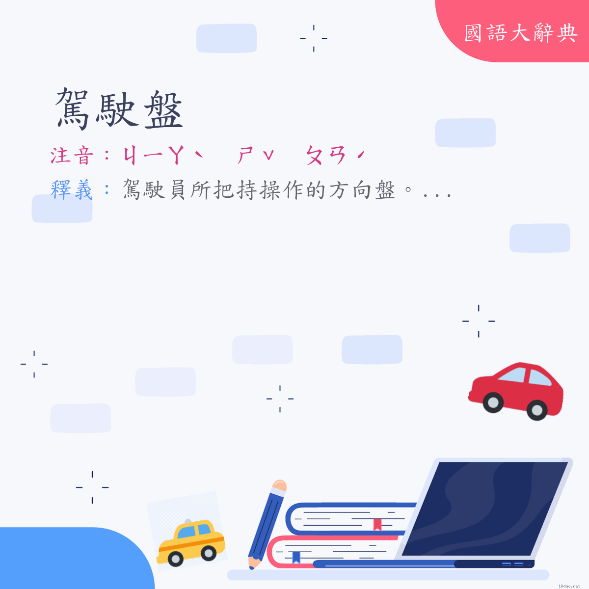 詞語:駕駛盤 (注音:ㄐㄧㄚˋ　ㄕˇ　ㄆㄢˊ)