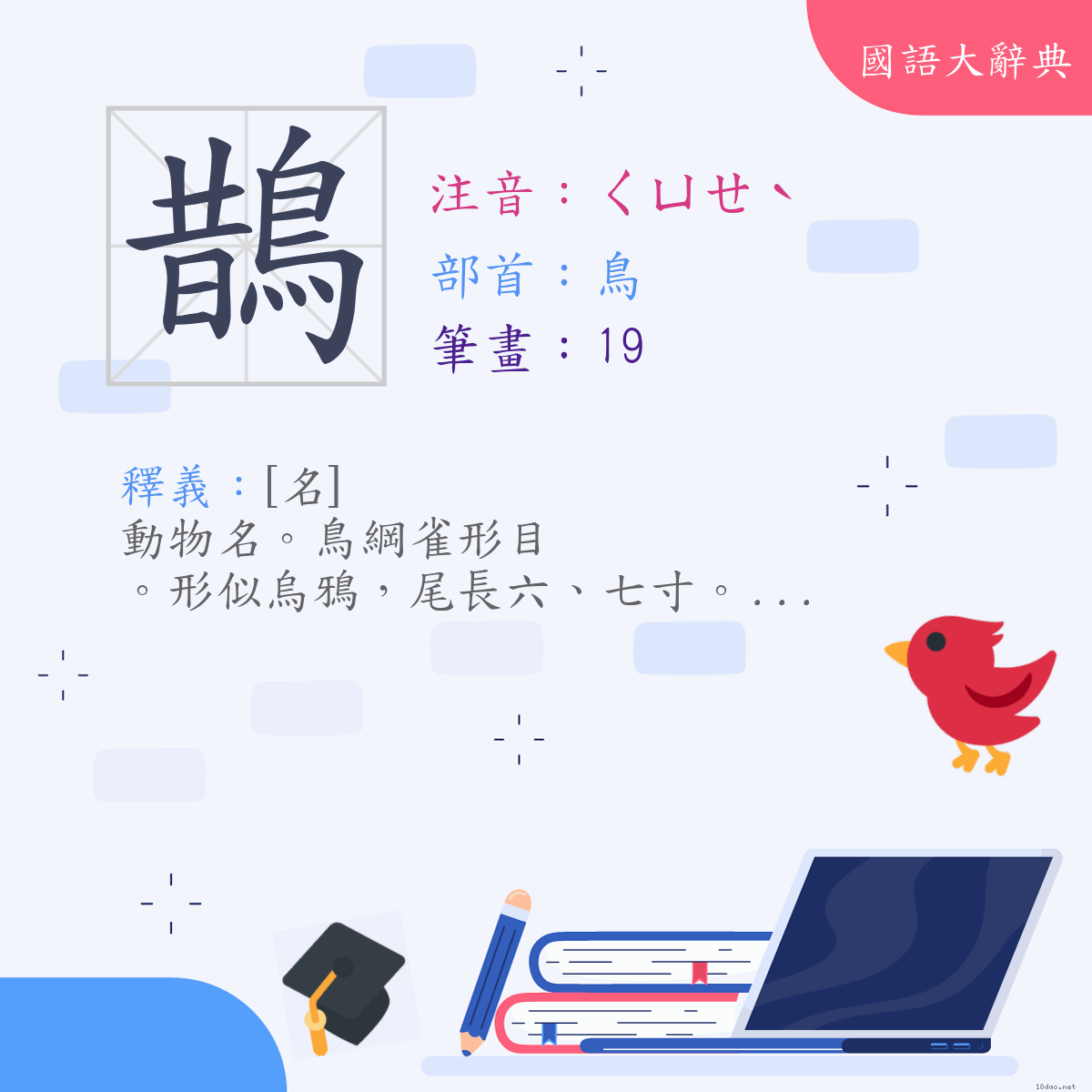 漢字:鵲 (注音:(一)ㄑㄩㄝˋ,部首:鳥)