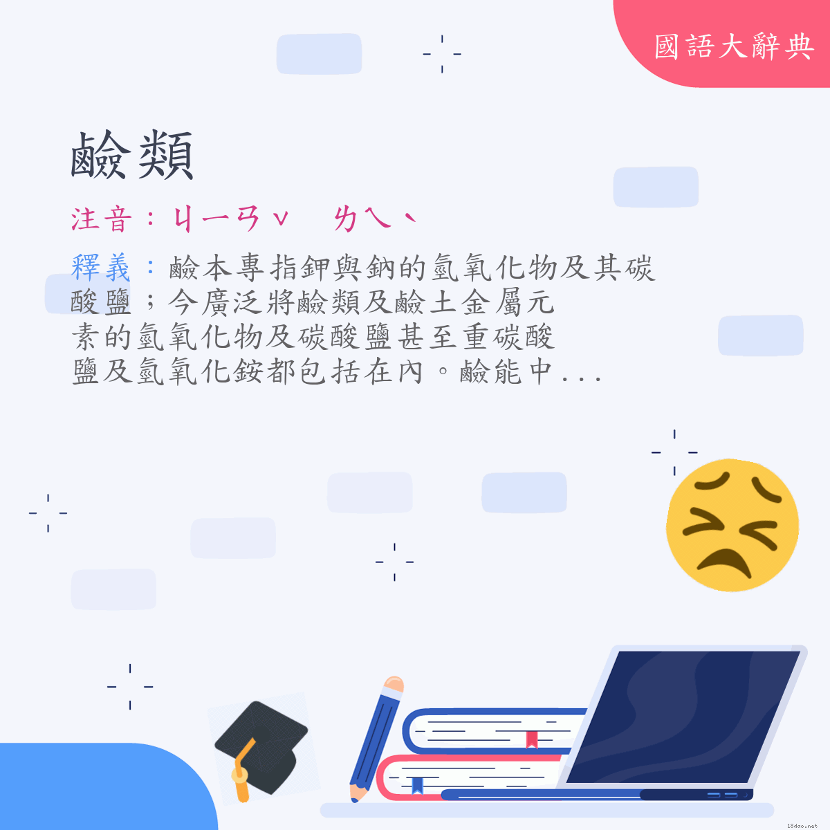 詞語:鹼類 (注音:ㄐㄧㄢˇ　ㄌㄟˋ)