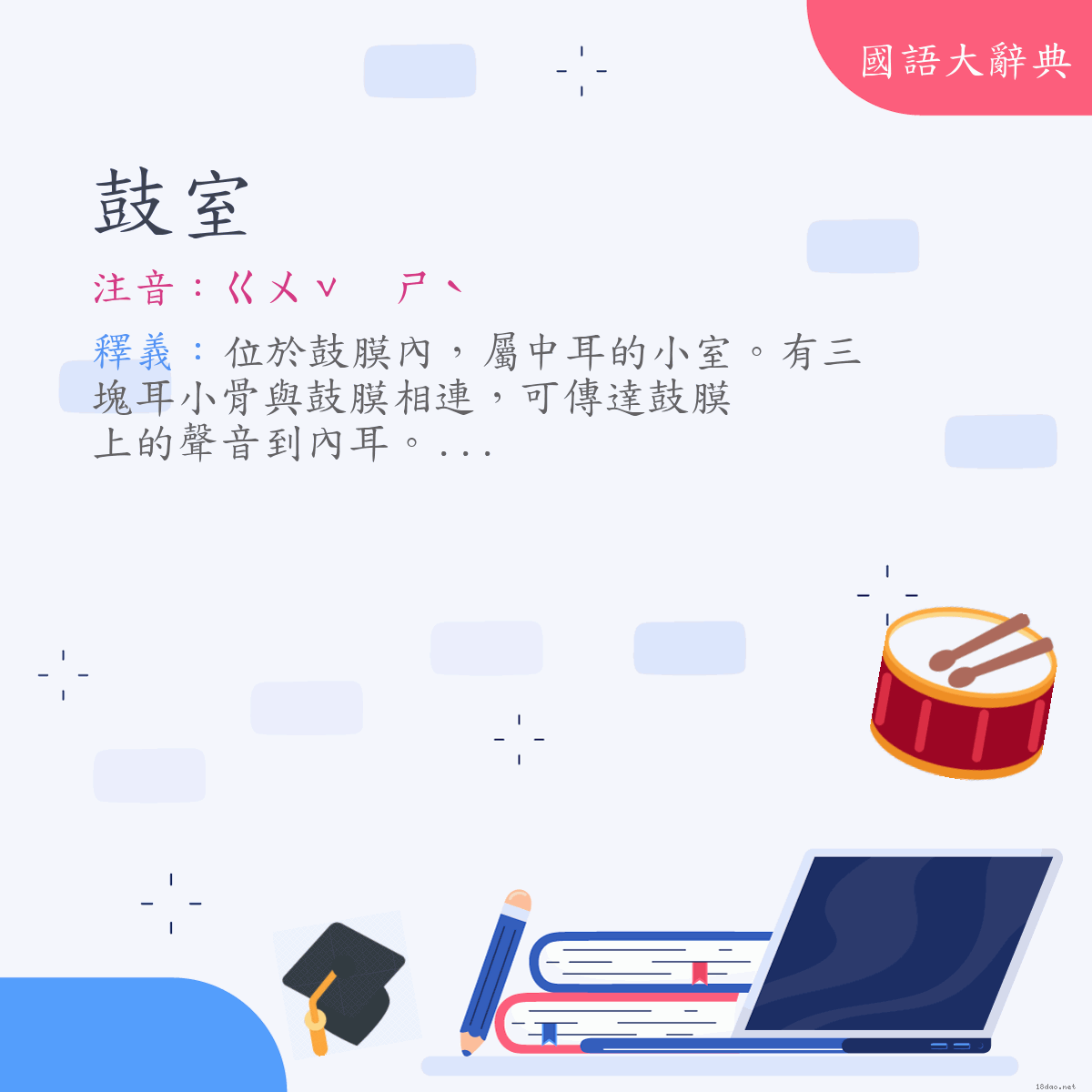 詞語:鼓室 (注音:ㄍㄨˇ　ㄕˋ)