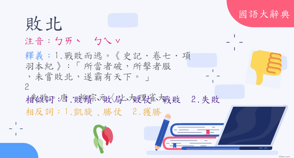 詞語 敗北 注音 ㄅㄞˋ ㄅㄟˇ 國語大辭典