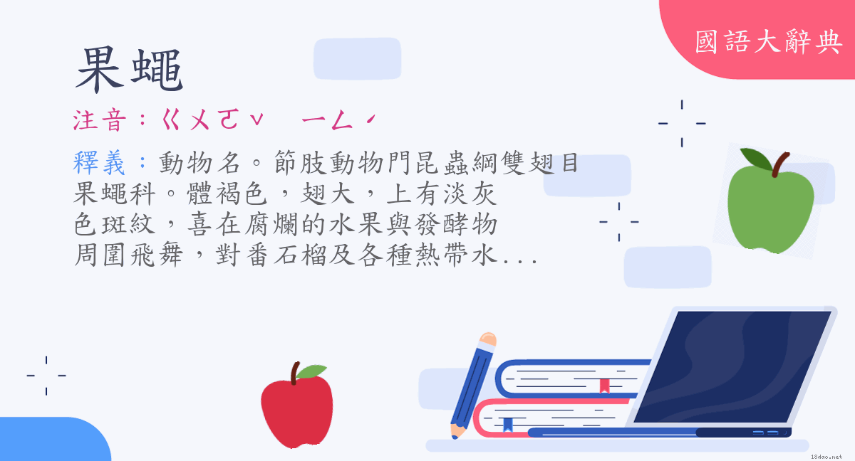 詞語 果蠅 注音 ㄍㄨㄛˇ ㄧㄥˊ 國語大辭典