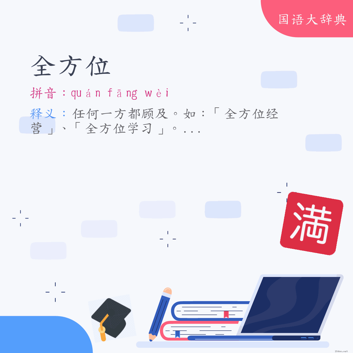 词语:全方位 (注音:ㄑㄩㄢˊ　ㄈㄤ　ㄨㄟˋ)
