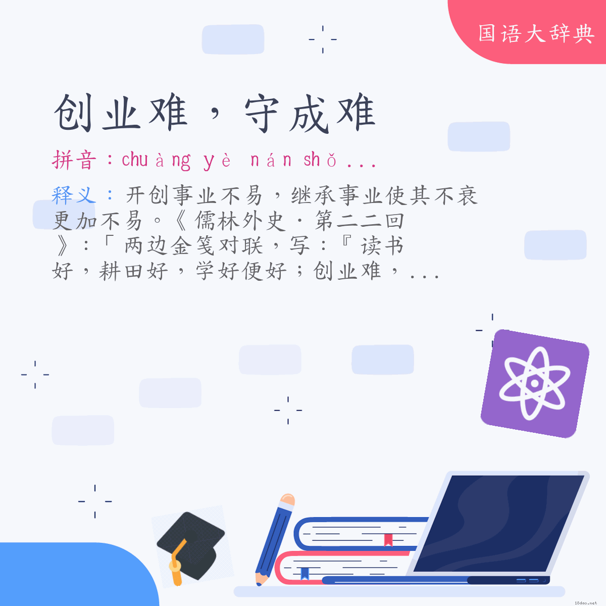 词语:创业难，守成难 (注音:ㄔㄨㄤˋ　ㄧㄝˋ　ㄋㄢˊ　ㄕㄡˇ　ㄔㄥˊ　ㄋㄢˊ)