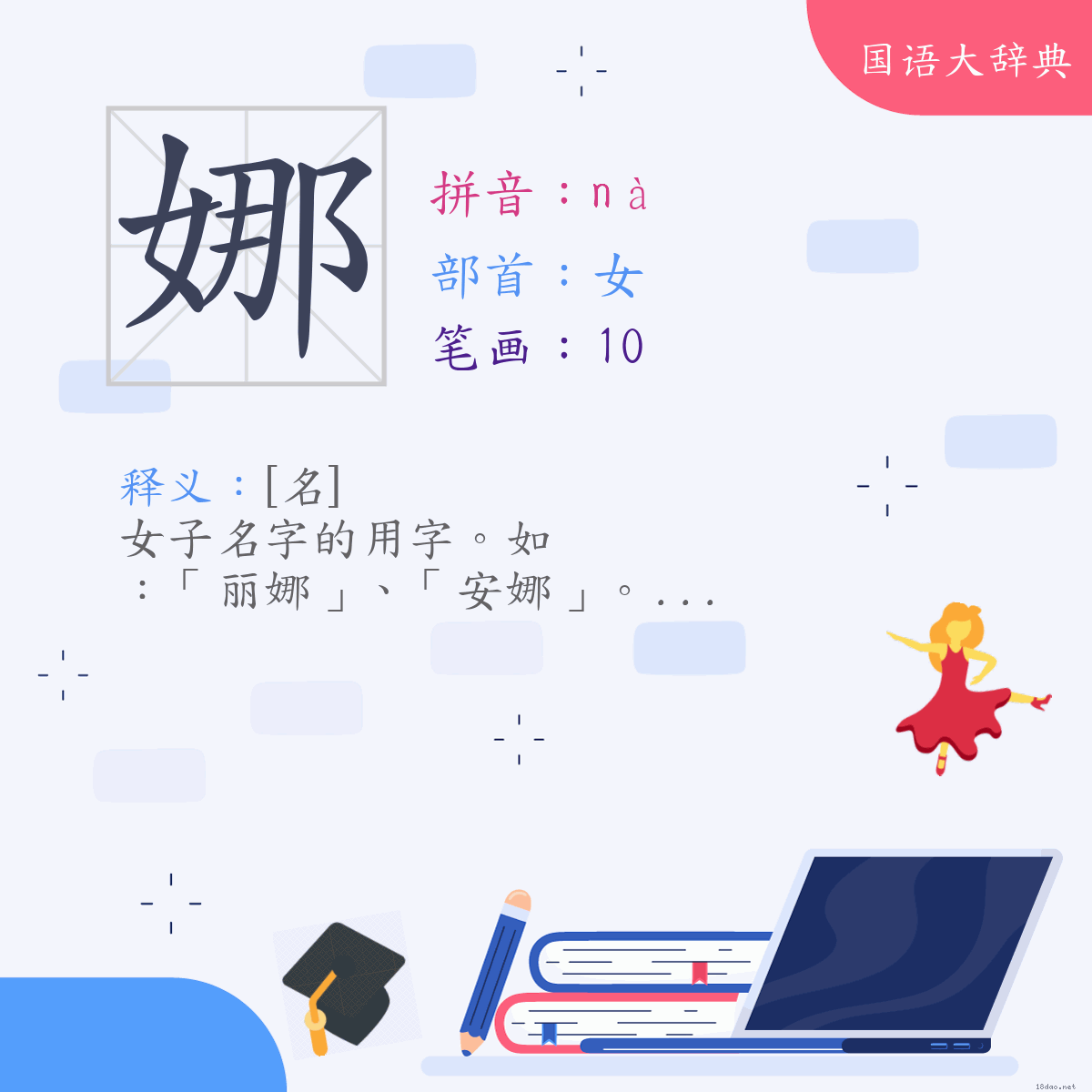 汉字:娜 (注音:(二)ㄋㄚˋ,部首:女)