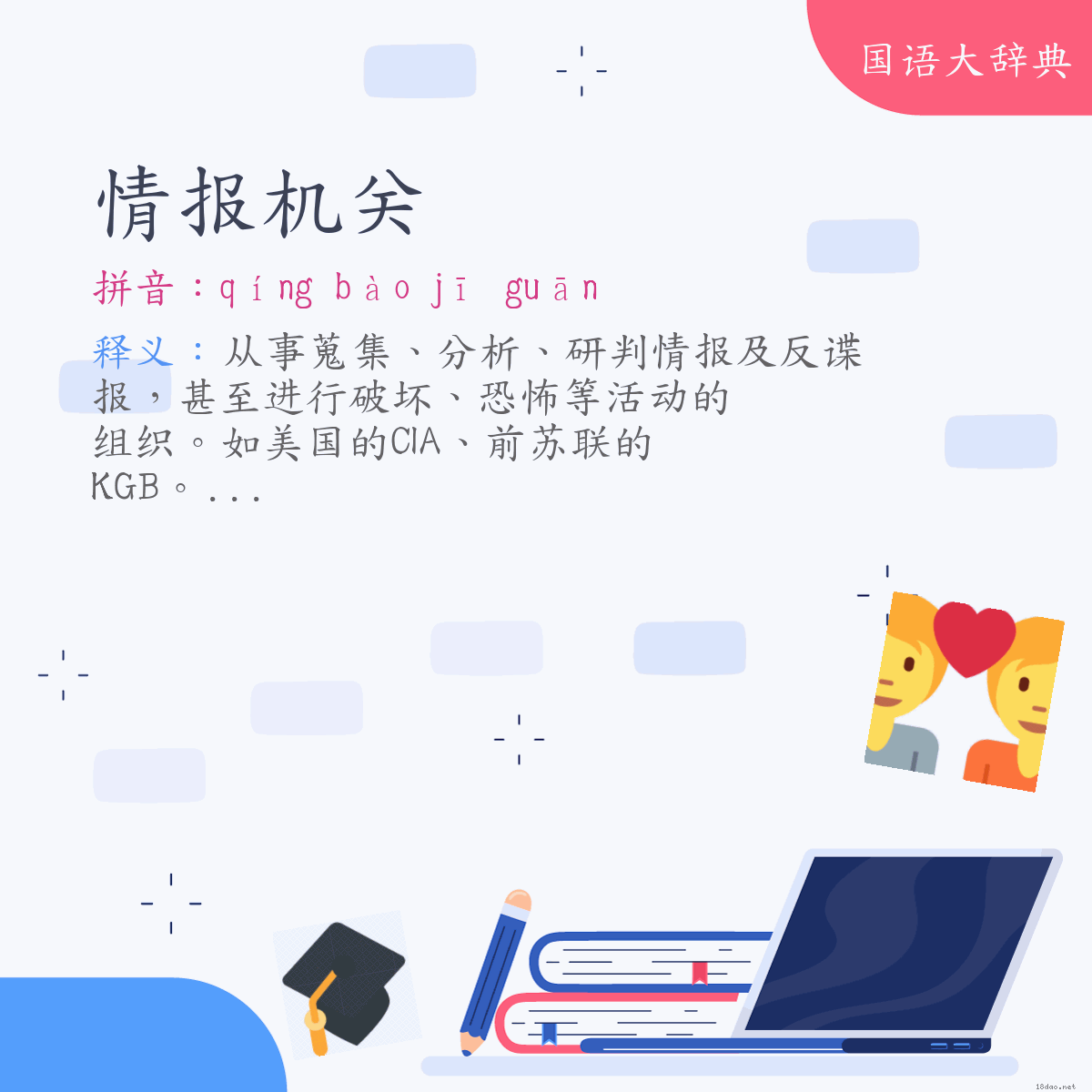 词语:情报机关 (注音:ㄑㄧㄥˊ　ㄅㄠˋ　ㄐㄧ　ㄍㄨㄢ)