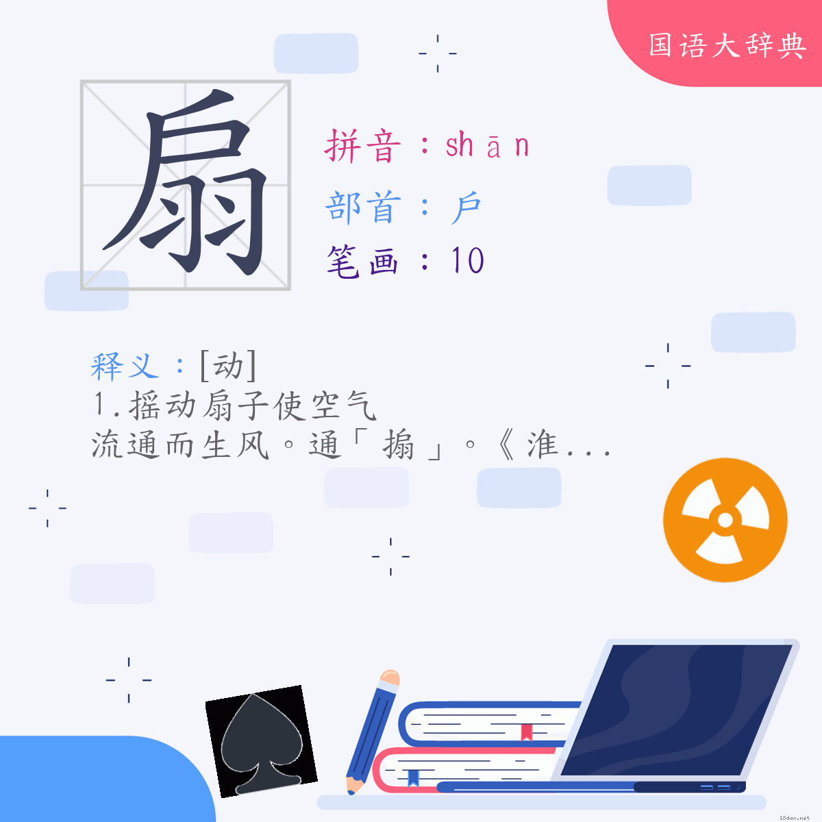 汉字:扇 (注音:(二)ㄕㄢ,部首:户)