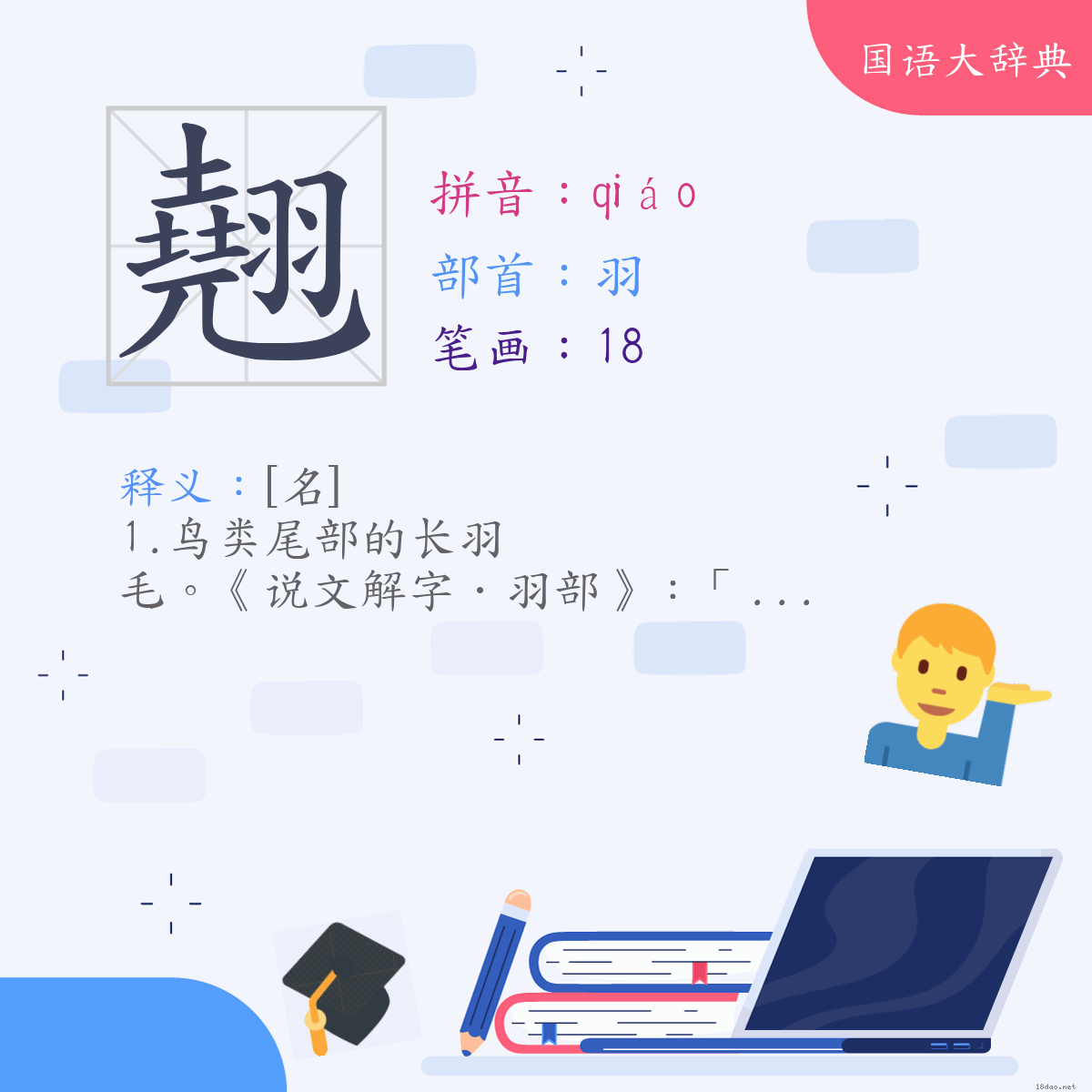 汉字:翘 (注音:(一)ㄑㄧㄠˊ,部首:羽)