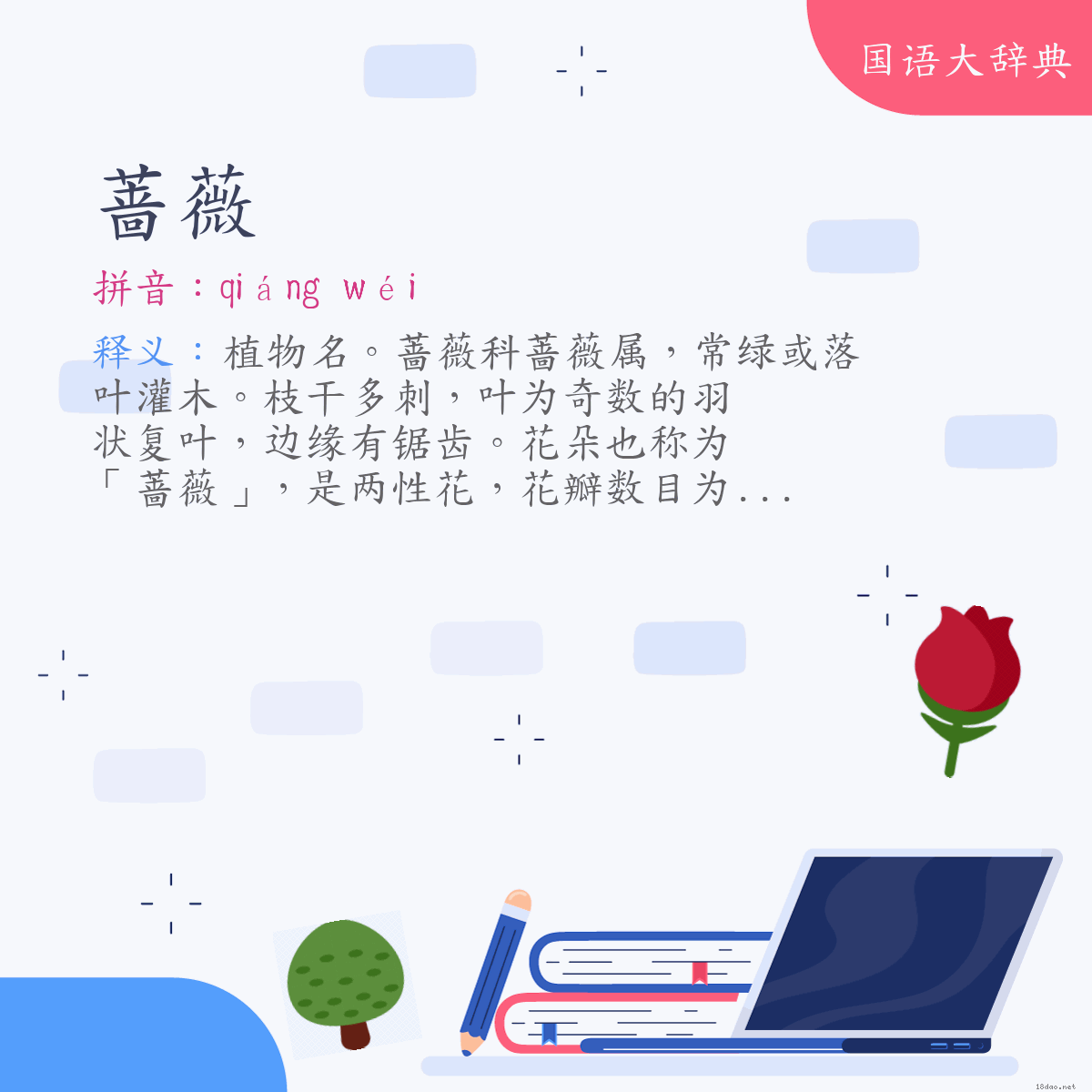 词语:蔷薇 (注音:ㄑㄧㄤˊ　ㄨㄟˊ)