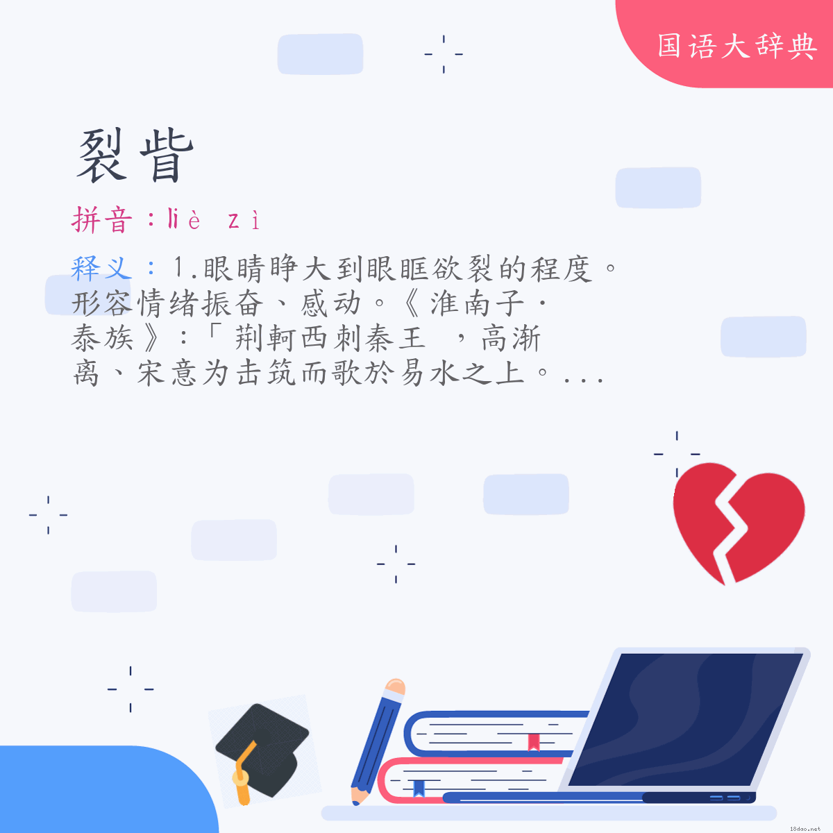 词语:裂眥 (注音:ㄌㄧㄝˋ　ㄗˋ)