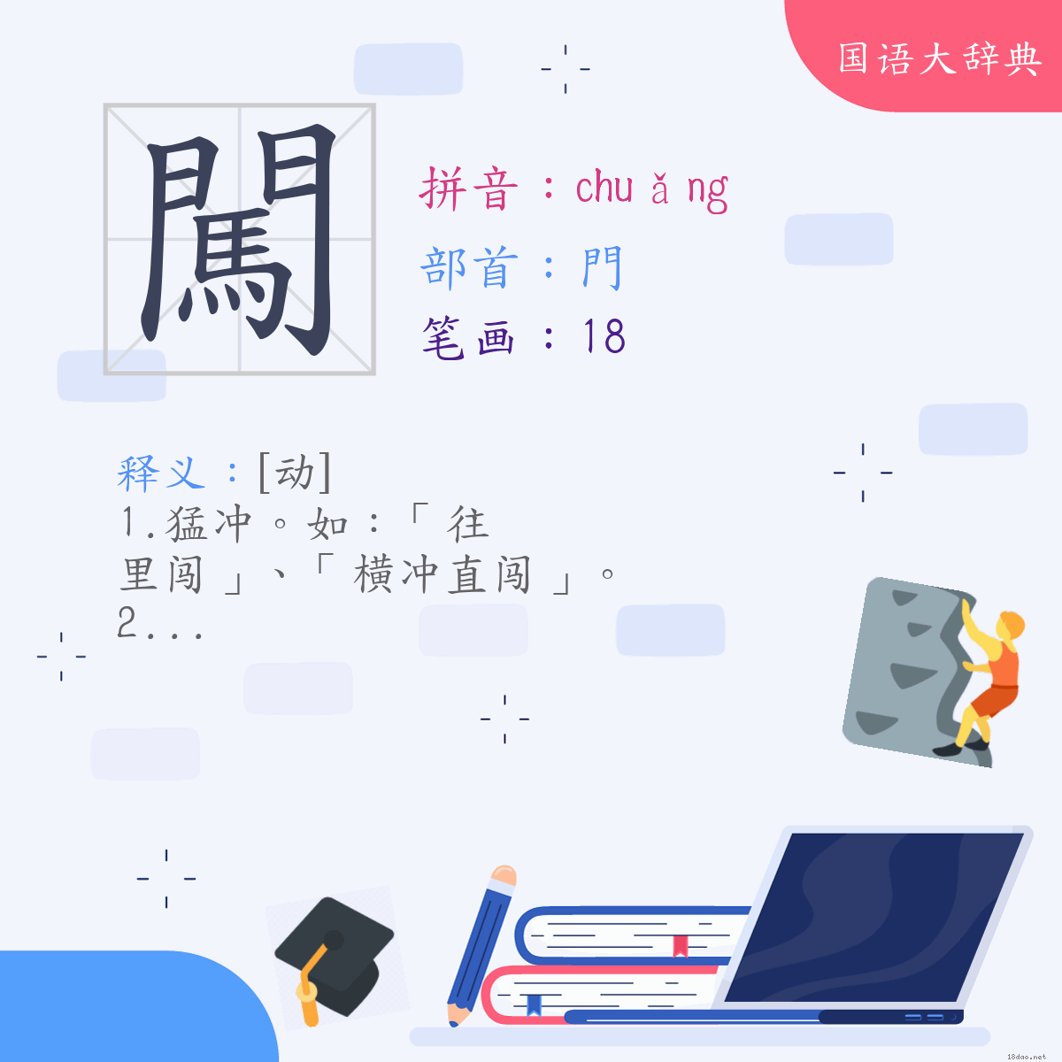 汉字:闯 (注音:(二)ㄔㄨㄤˇ,部首:门)
